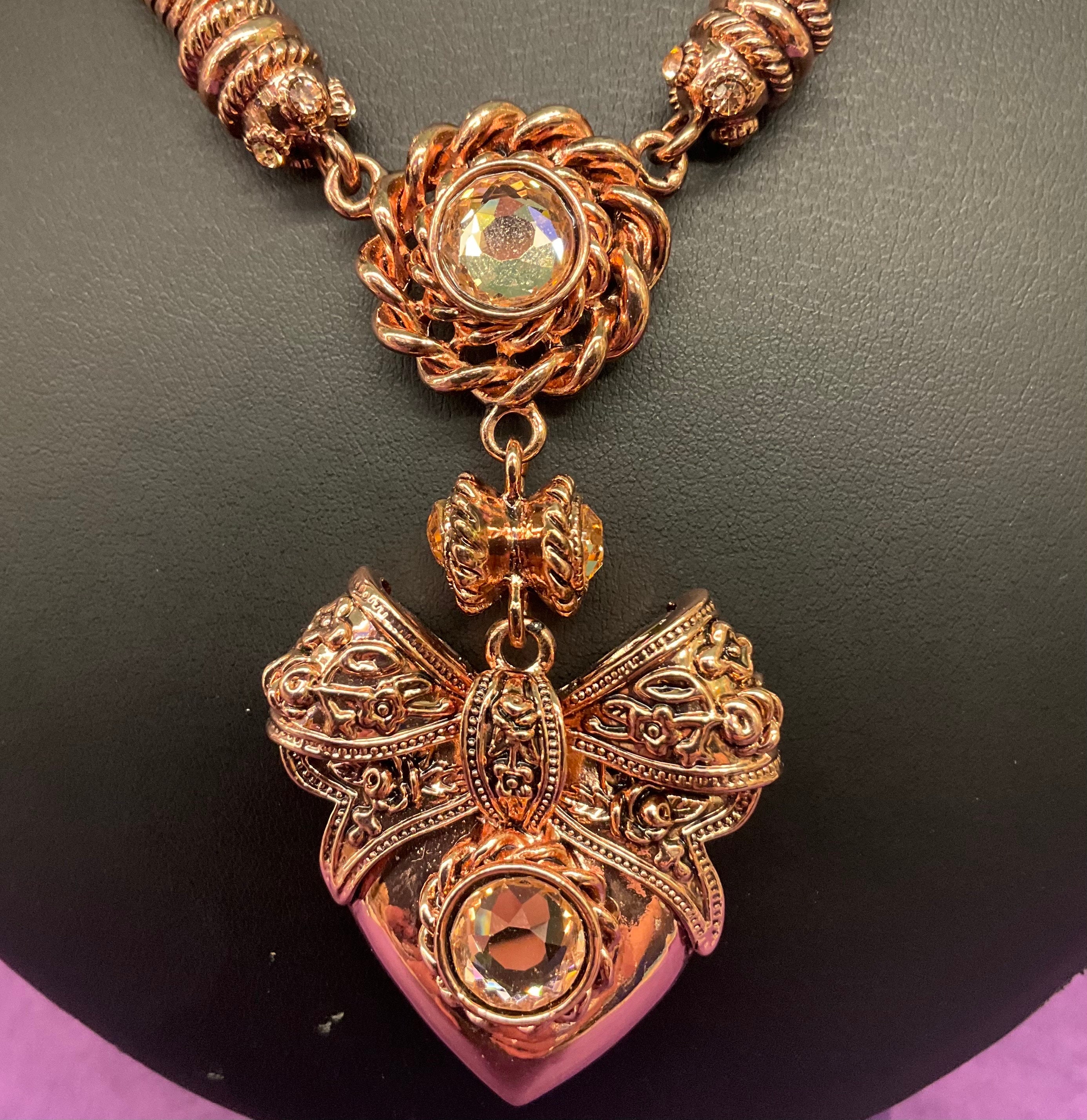 Vintage Butler & Wilson Rose Gold Crystal Heart Bow Pendant 