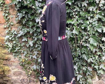 Vintage French Connection Dress: Bohemian Floral Embroidery Black Rayon, UK  10