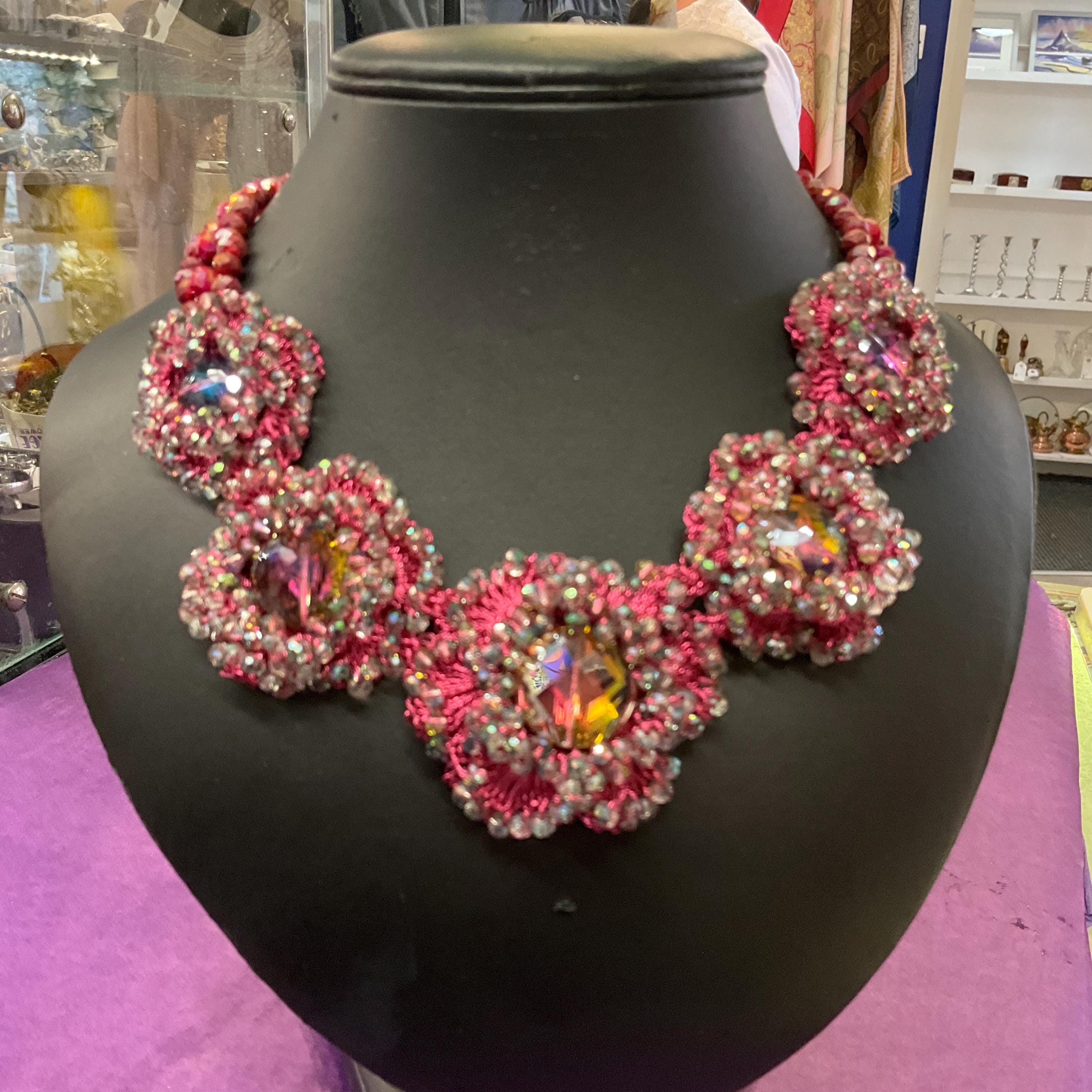 Vintage Butler and Wilson Pink Crochet Crystal Flower Necklace - Etsy