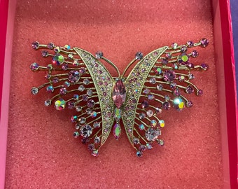 Vintage Butler and Wilson Oversized Pink Aurora Borealis Crystal Butterfly Brooch, signed In original box, gifts for them