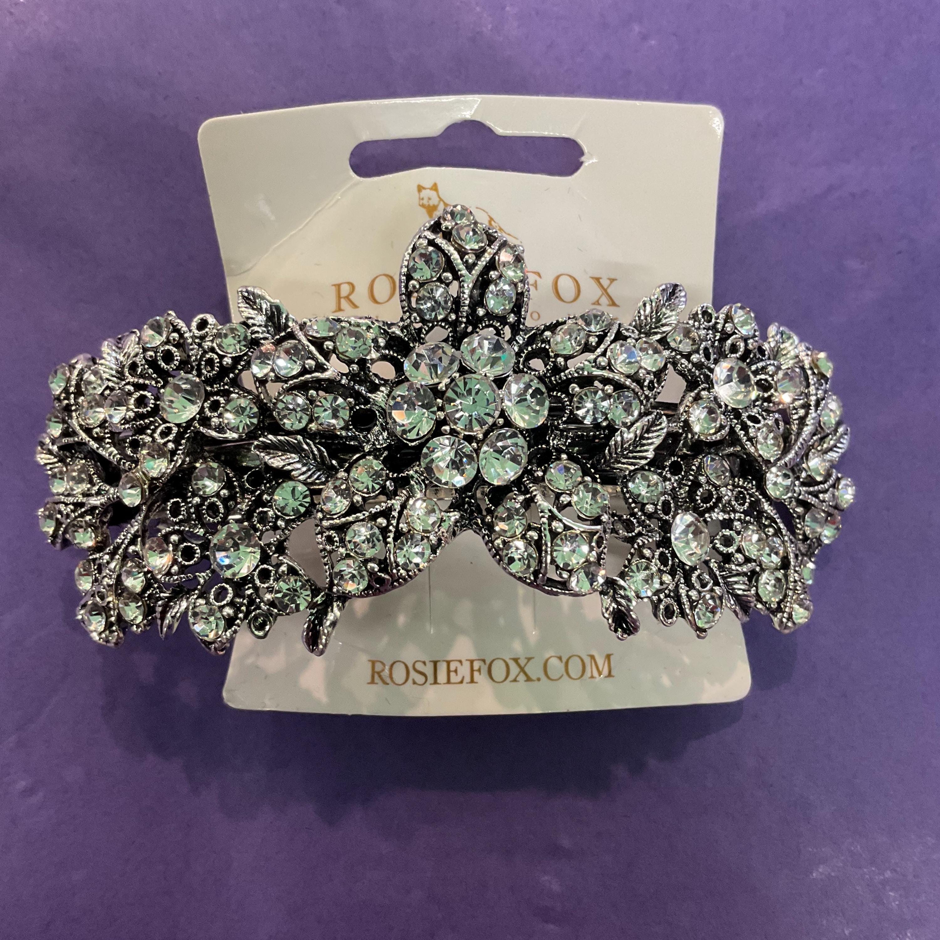 Art Deco Crystal Rose Hair Clip: Vintage Silver Barette, Bridal