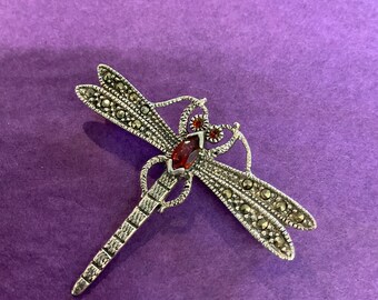 Vintage Silver, Gemstone and Marcasite Dragonfly Brooch, gift for her, birthday gift