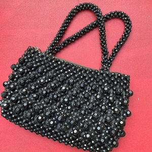 Large Vintage 1960s Black Beaded Evening Bag