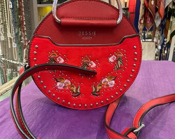 Vintage Bessie London Red Embroidered Floral Handbag With Strap
