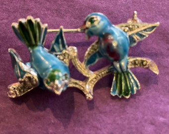 Vintage 1940s Bohemian Enamel and Marcasite Lovebirds Brooch, wedding, anniversary, gifts for her