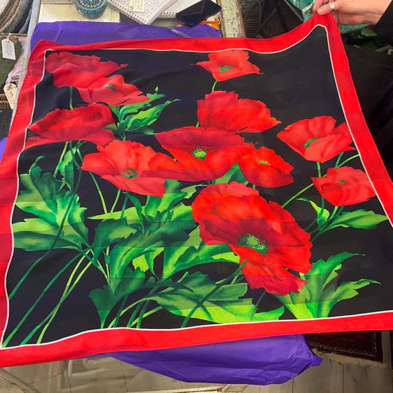 Vintage JAEGER Large Pure Silk Chiffon Devorè Poppies Print Scarf