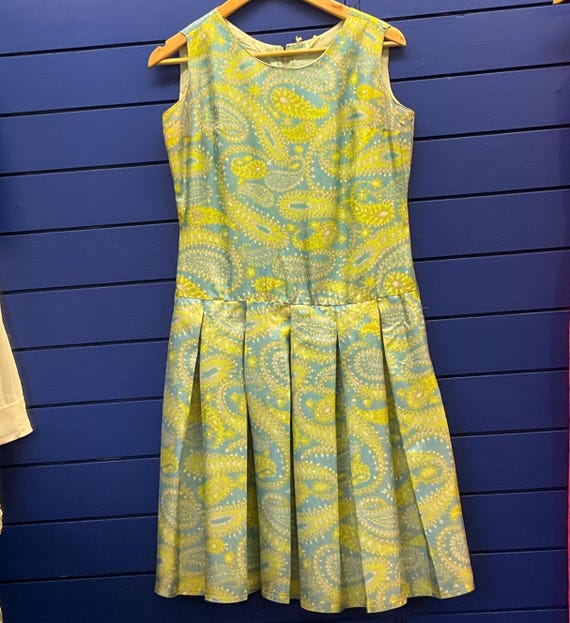 Vintage 1960s Paisley Print Dress: Lime Green & Blue Fit and Flare (UK Size 12)
