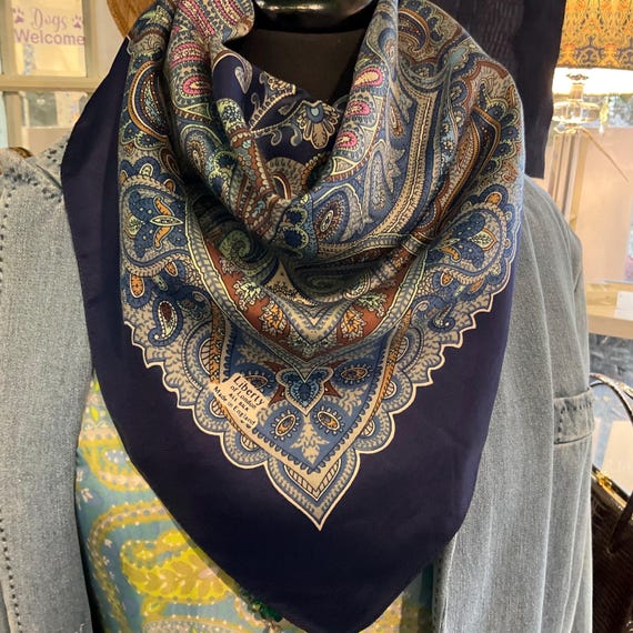Vintage Liberty of London Pure Silk Paisley Scarf, Intricate Print, Shades of blue, grey, pink and Green , Gifts for her