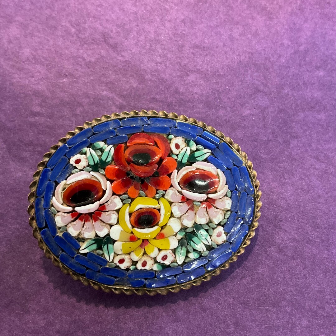 Antique Italian Micro Mosaic Brooch: Floral Millefiori, 1920s Blue