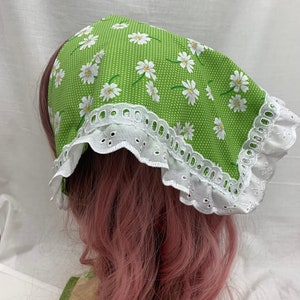 Daisy print Handkerchief headscarf, broiderie anglaise trim bandana, floral print triangle head scarf Apple Green