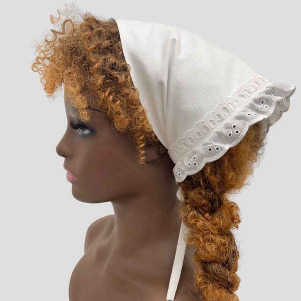 Cotton Handkerchief headscarf, broiderie anglaise trim bandana, Cottagecore triangle head scarf
