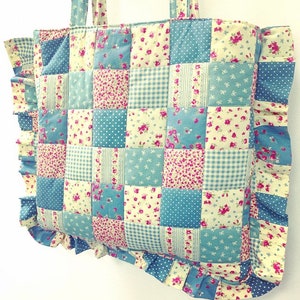 Patchwork quilted frill tote bag. Handmade in uk. Ruffle frill tote bag.