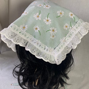 Daisy print Handkerchief headscarf, broiderie anglaise trim bandana, floral print triangle head scarf image 7