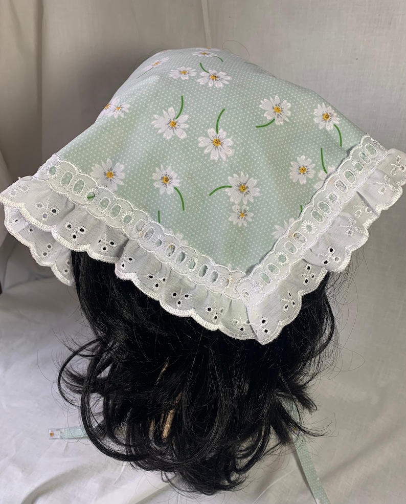 Daisy print Handkerchief headscarf, broiderie anglaise trim bandana, floral print triangle head scarf image 7