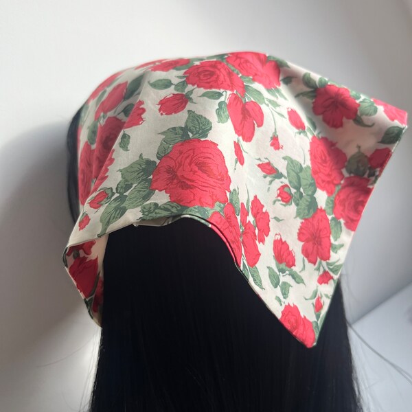 Roses Liberty print  headscarf, hair bandana, cottagecore  triangle head scarf, picnic bandanna headscarf