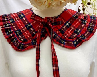 Red tartan cotton ruffle collar, handmade detachable oversized collar.