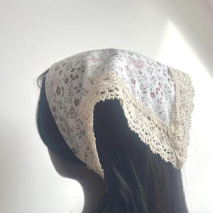 Butterfly floral cotton headscarf, hair scarf bandana with crochet trim, cottagecore floral triangle head scarf