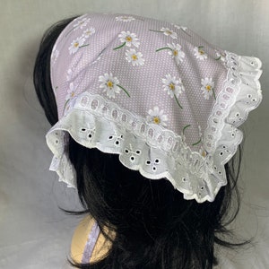 Daisy print Handkerchief headscarf, broiderie anglaise trim bandana, floral print triangle head scarf image 6