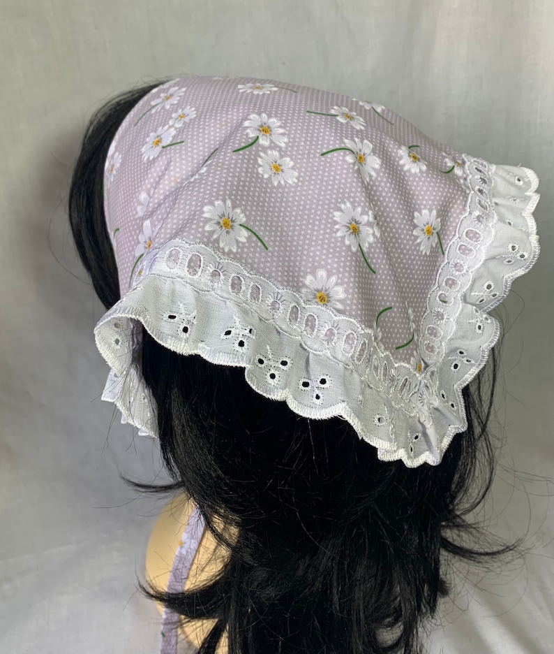 Daisy print Handkerchief headscarf, broiderie anglaise trim bandana, floral print triangle head scarf image 6