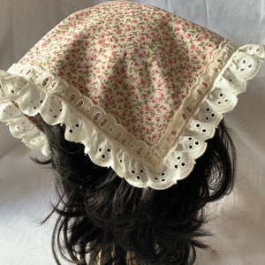 Ditsy print handkerchief headscarf, broiderie anglaise trim bandana, floral print triangle hair scarf