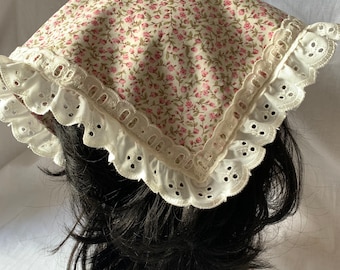 Ditsy print handkerchief headscarf, broiderie anglaise trim bandana, floral print triangle hair scarf