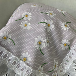 Daisy print Handkerchief headscarf, broiderie anglaise trim bandana, floral print triangle head scarf lilac
