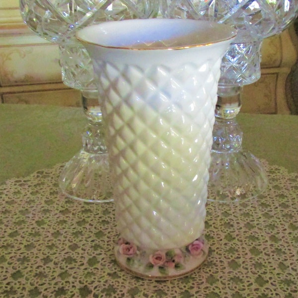 Vintage Lefton Quilted Vase with Pink Roses & Forget-Me-Nots, Soo Shabby Chic!