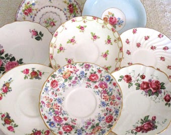 Vintage Set of 8 Rose Pattern Saucers, English Bone China, 2 Sets Available