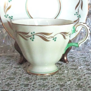 Vintage 1930&#39;s Copelands Grosvenor China Gold Leaves with Green Berries Cup & Saucer Set, Just Beautiful Gift for Her, Excellent Condition!