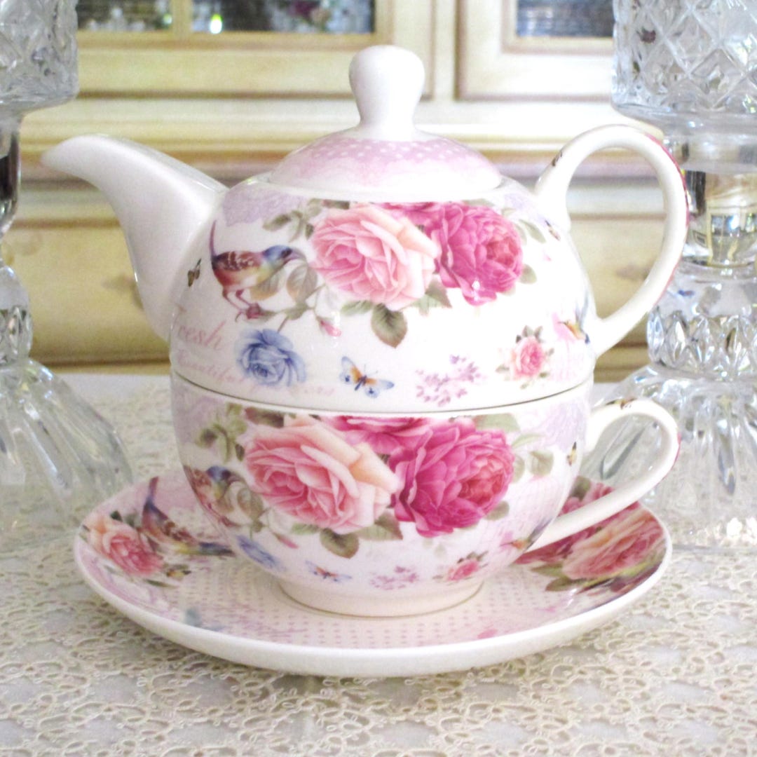 London Boutique Stackable Teapot: Roses & Birds Tea for One Set ...