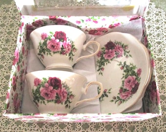 Vintage Gracie China Teacup and Saucer Sets, Pink Burgundy Roses, Orig. Box, Mint