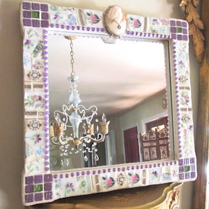 Roses and Violets Handcrafted Mosaic Wall Mirror with Vintage Cameo Brooch & China, Shabby Chic Decor, Lovely Mosaic Art Gift for Her!