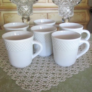 Set of Six Vintage All White Ceramic Lattice Embossed Mugs, Made in Portugal, Hard to Find, Excellent Condition!