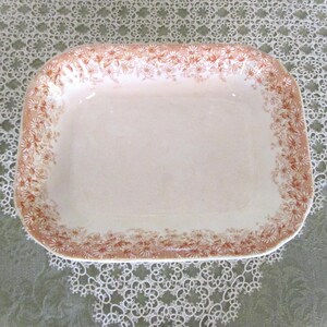 May include: A rectangular ceramic serving dish with rounded corners, featuring a white center and a wide border decorated with a dense, repeating pattern of small, light brown daisy-like flowers printed along the entire outer rim.