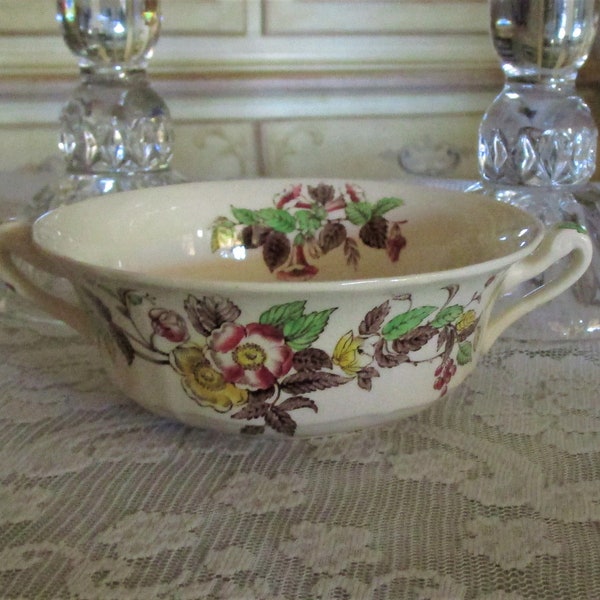 Set of SIX Vintage Footed Multicolored Floral Cream Soup Bowls, similar to Meakin Medway, Very Charming!