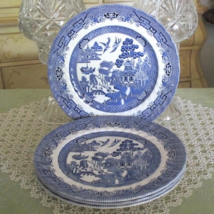 Set of Four Royal Wessex by Churchill Blue Willow Dinner Plates, 2 Sets Available, Buy All, Charming Gift, Excellent Condition!