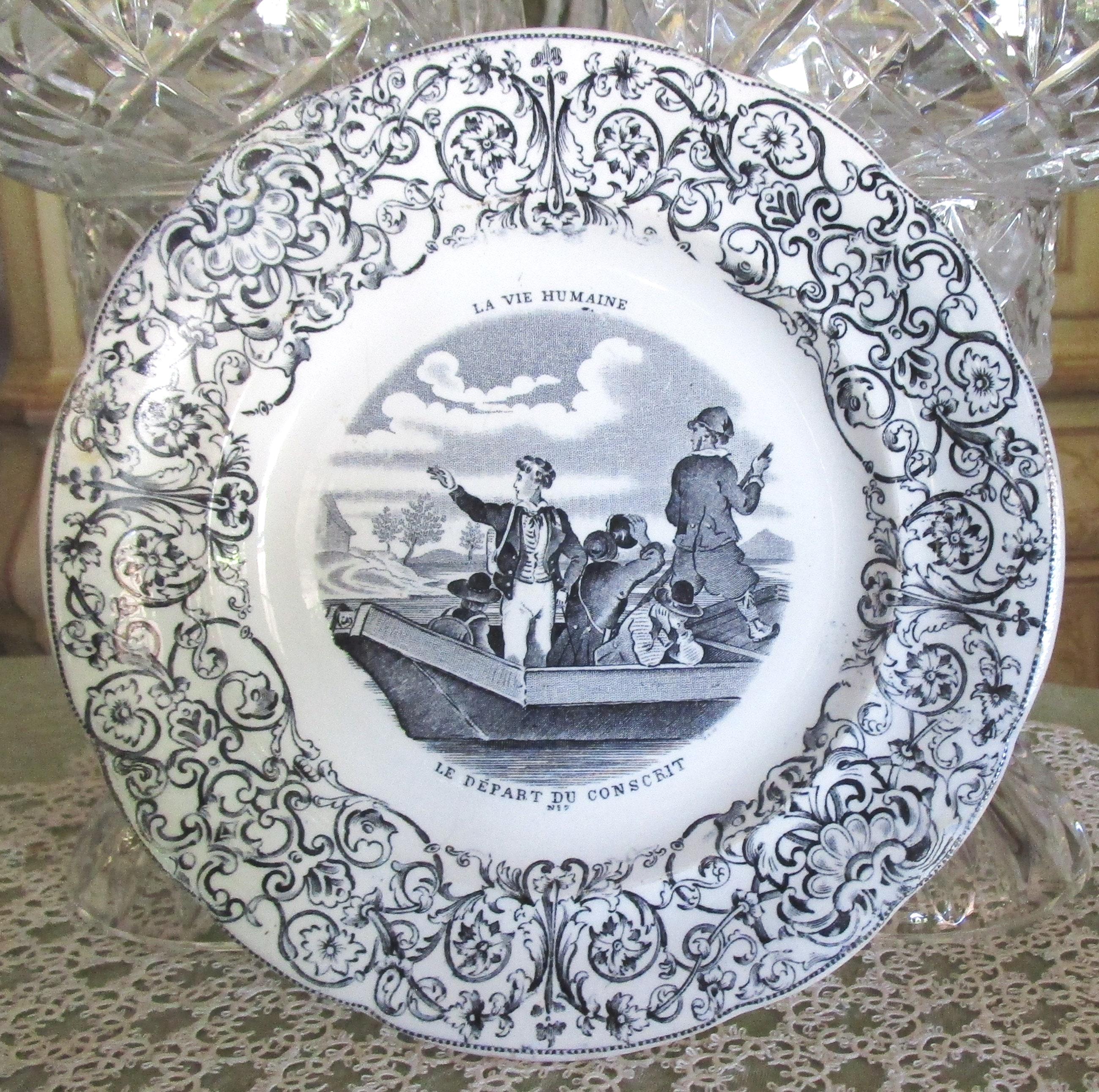 フランスアンティークGIENプレート Antique Faience Gien Plate, 1855 French Black Transferware