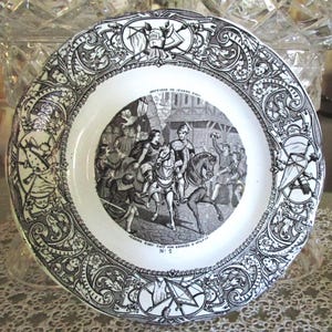 Antique French Faience Gien Joan of Arc Enters Orleans 7 5/8&quot; Plate, 1860-70&#39;s, Black Transfer Collectible, Excellent Condition!