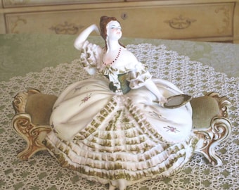 Vintage Bisque Porcelain Jewelry Box, Elegant Lady on Sofa