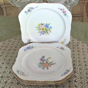 Set of Four Vintage Signed Hand Painted Floral Square Dessert Plates, 4 Designs, Beautiful Gift for Her, Excellent Condition!