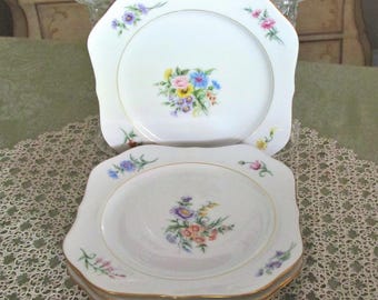 Set of Four Vintage Hand Painted Floral Dessert Plates, Signed C Fox
