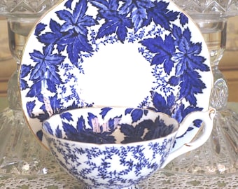 Vintage Coalport Cobalt Blue Leaf Chintz Teacup and Saucer, Fine Bone China