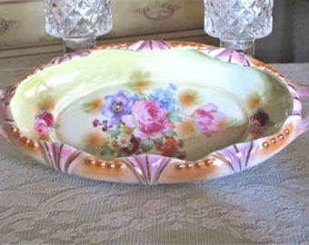 Vintage German Lusterware Serving Dish, Floral Roses, Gold Trim
