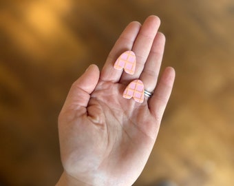 Pink & Orange Plaid Studs | clay earrings | hypoallergenic | arch shape | light weight | handmade gift | unique accessories