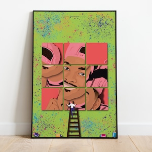 May include: A framed art print featuring a portrait of a person in a pink cap, divided into puzzle pieces. The background is lime green with colorful paint splatters. A small figure on a ladder appears to be painting the puzzle.
