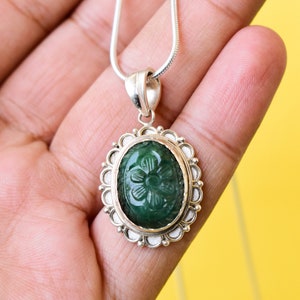 Natural Emerald Pendant, 925 Sterling Silver Pendant, Carving Emerald Pendant, Silver Pendant, Women Pendant, Gift For Her, May Birthstone