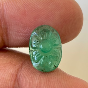 4 CT Natural Zambian Emerald Floral Carved Stone, Hand Carved Precious Emerald Cabochon