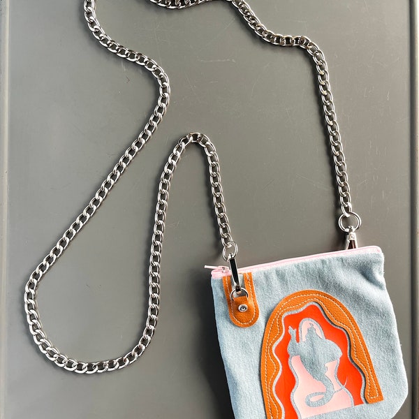 Aladdin’s Genie Crossbody Bag Handmade White Denim with 3D Vegan Leather Vinyl Genie Design and Silver Chain 6 inch Mini Purse