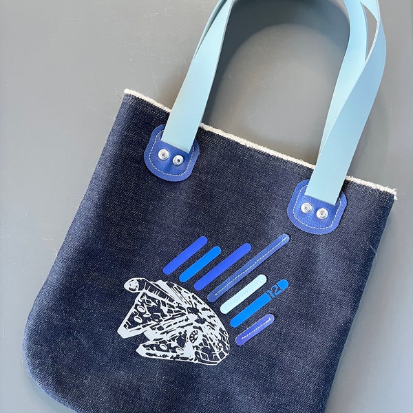 Millennium Falcon Handmade Raw Edge Selvage Denim Vegan Leather Handles Vintage Star Wars Inspired Tote Bag