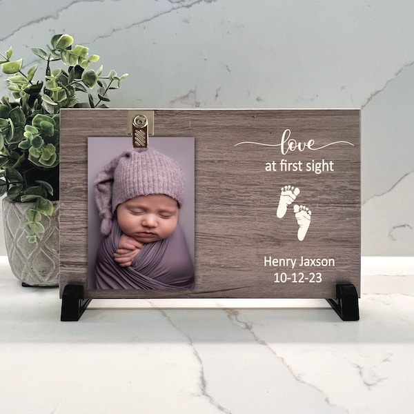 Personalized new baby gift, Love at first sight personalized Wood Frame with baby's name and birth date on wood color of your choice